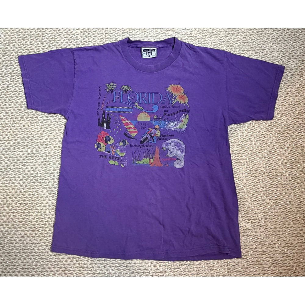 Vintage Lee Florida Souvenir T Shirt Mens Large Purple Graphic Made in USA 90s